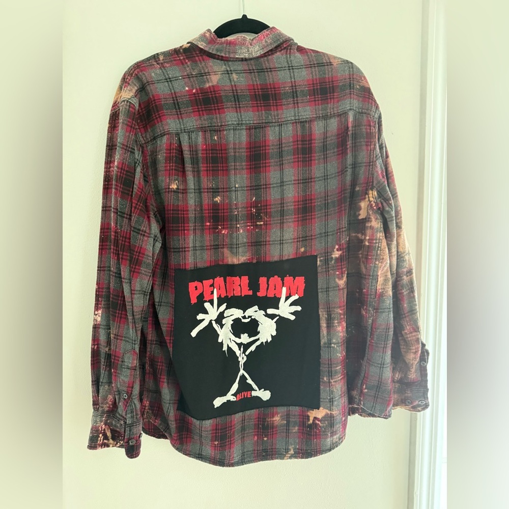 Faded Glory Maroon and Gray Plaid Shirt - Bleached with Rock Band Patch